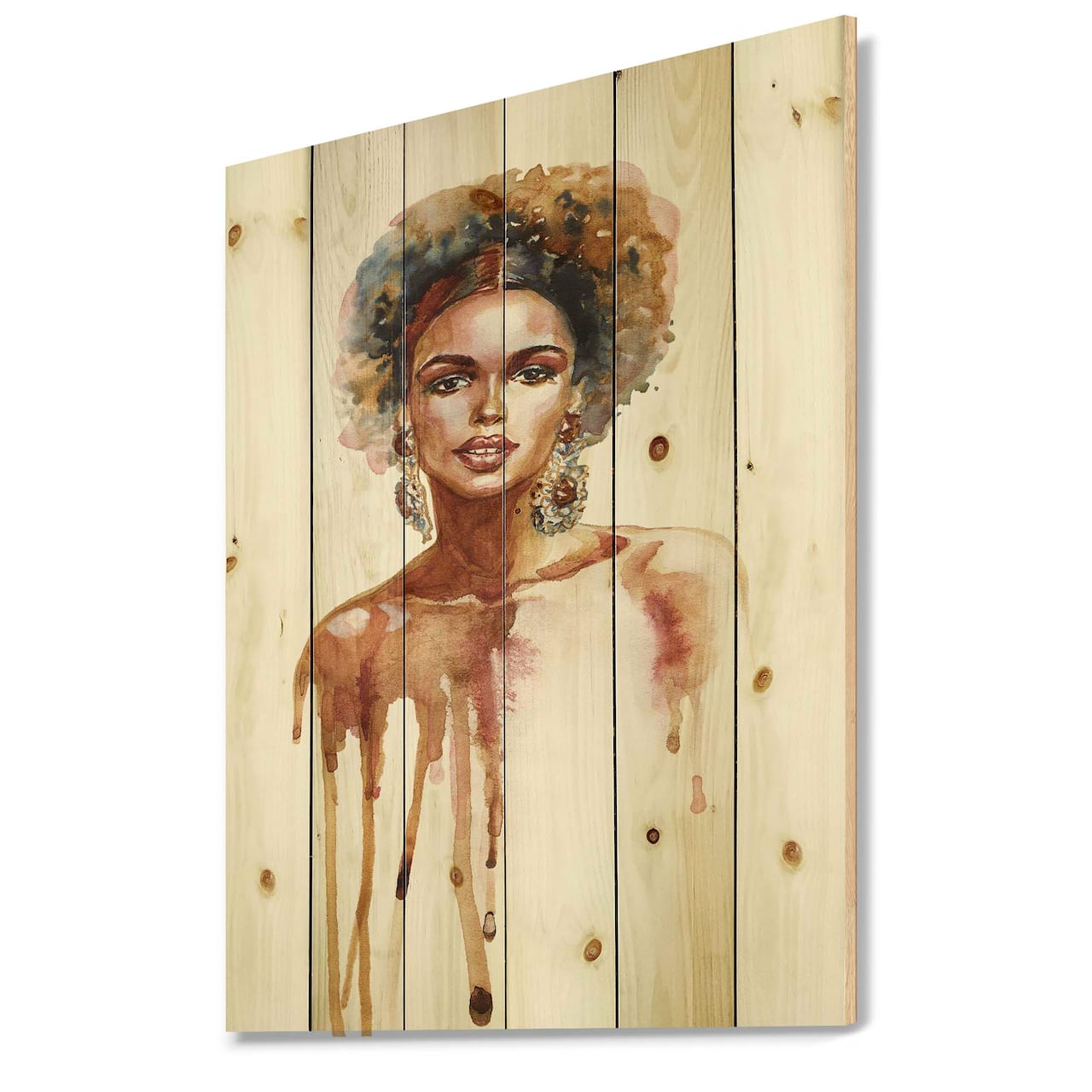 Designart - Portrait of African American Woman XIII - Modern Print on Natural Pine Wood
